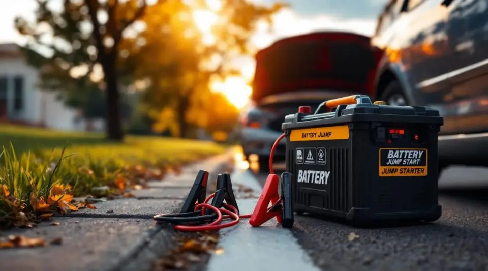 A professional tow operator jump starting a car battery on a cold Milwaukee street.