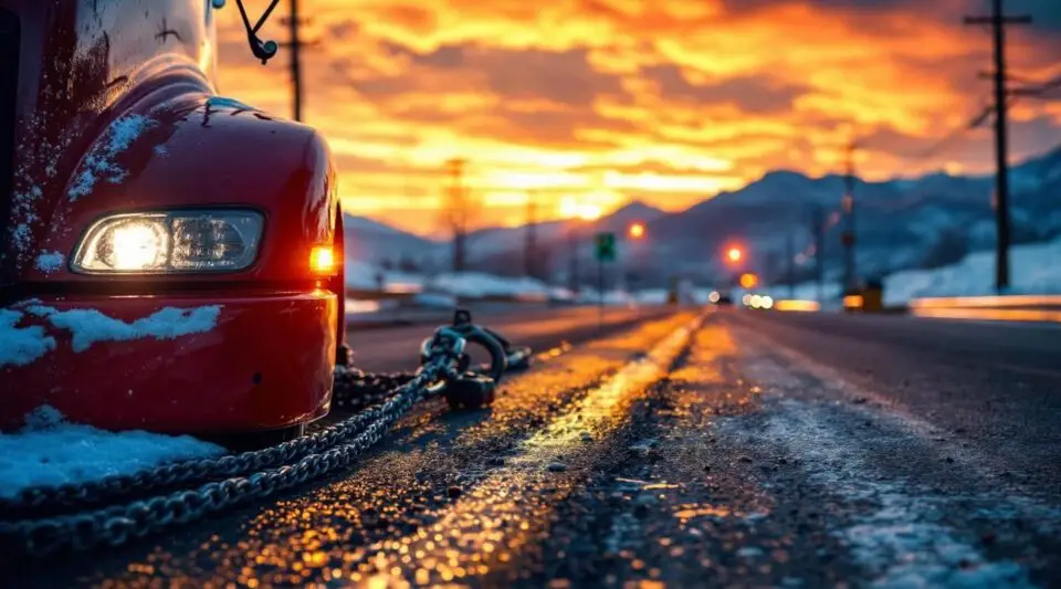 A Badger Towing flatbed truck loading a sedan on a Milwaukee street at dusk, amber safety lights reflecting on wet pavement.