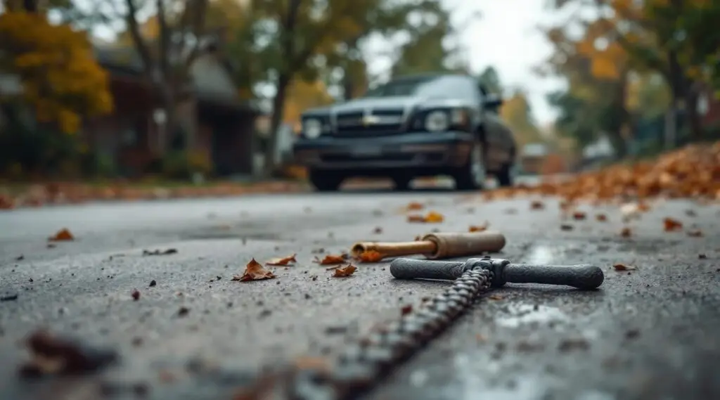 A flatbed tow truck loading a damaged, rusty sedan from a Milwaukee alleyway under a moody, overcast sky.