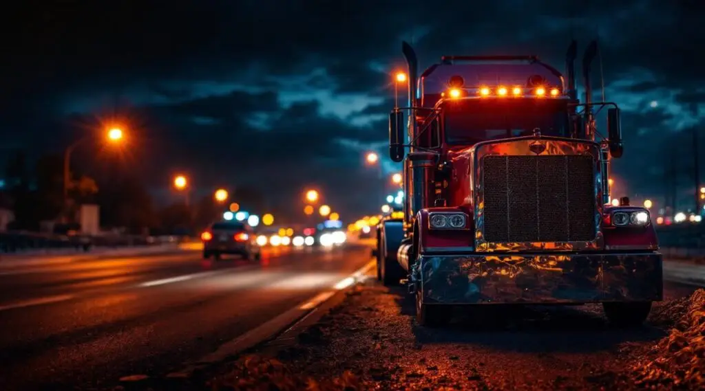 A professional flatbed tow truck loading a disabled car on a Milwaukee street at night under amber streetlights.