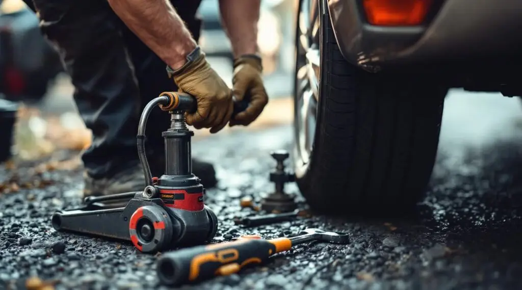A roadside assistance technician changing a flat tire on a car parked along a busy Milwaukee highway shoulder at dusk.
