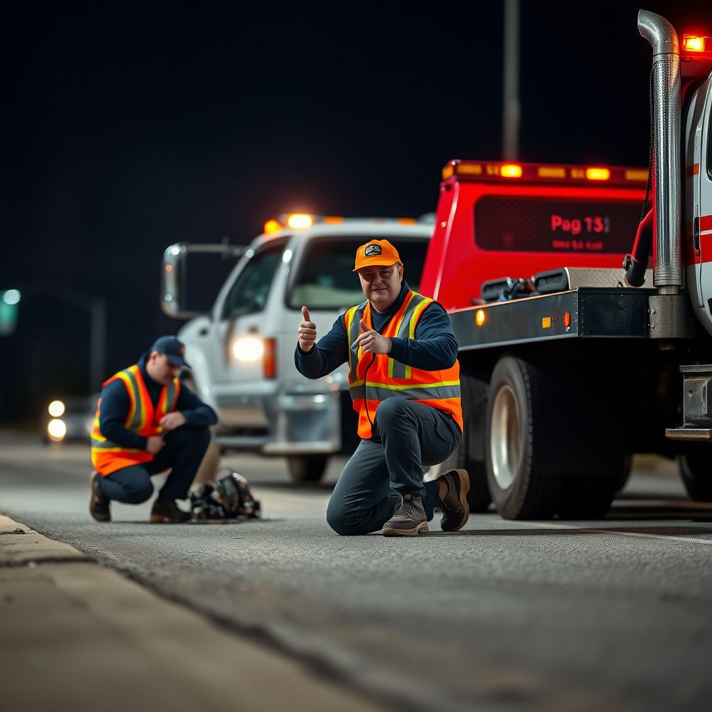 A clean, modern flatbed tow truck parked safely on the shoulder of a New Berlin road, ready for dispatch.