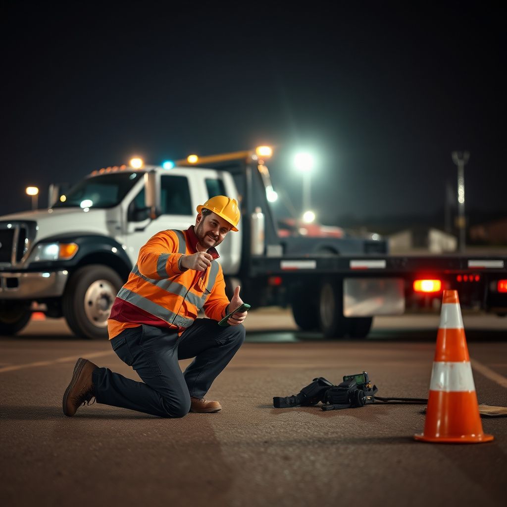 A professional tow truck operator securing a vehicle onto a flatbed using soft-strap tie-downs in Cudahy, WI.