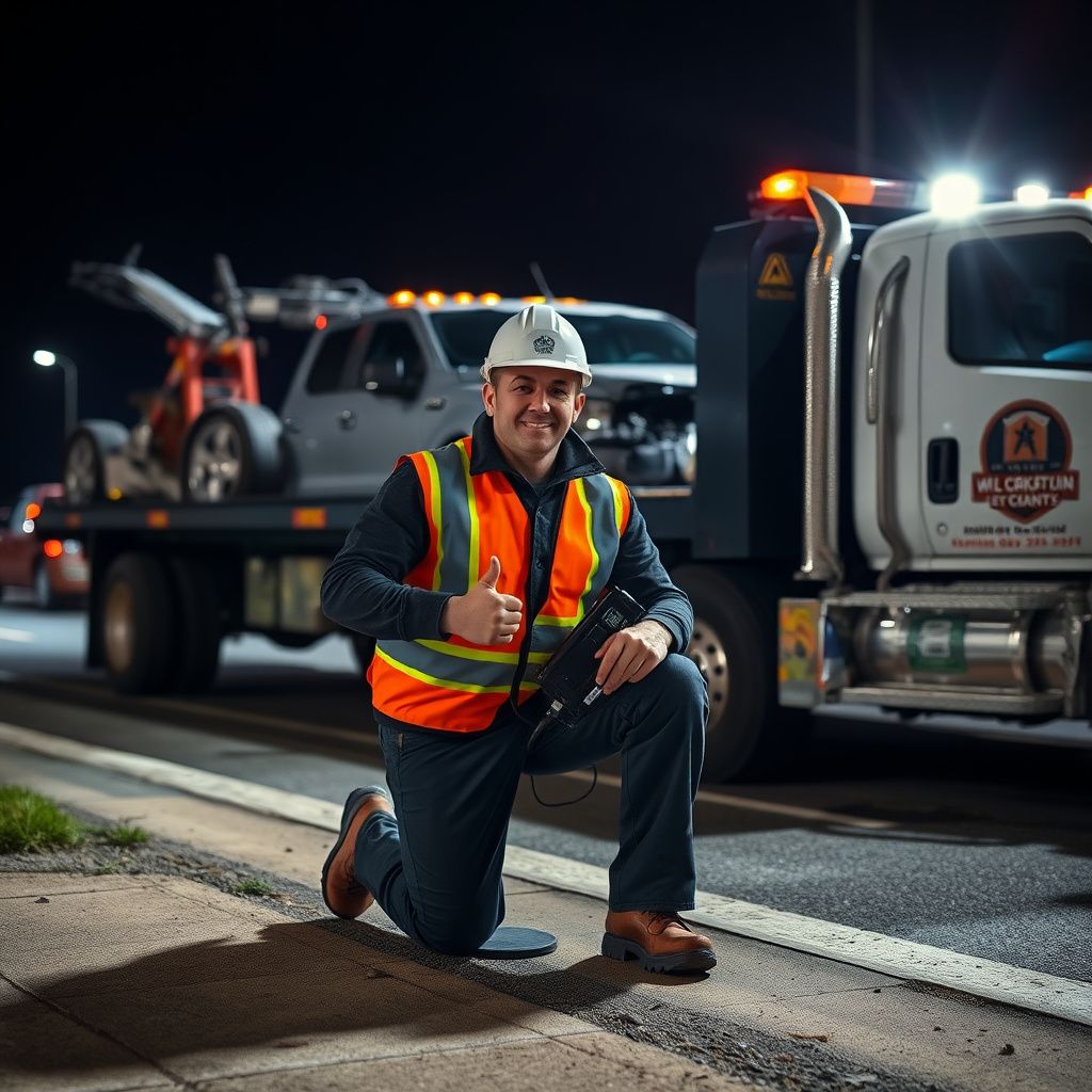 A clean, modern flatbed tow truck parked safely on the shoulder of a West Allis road with its amber safety lights flashing.